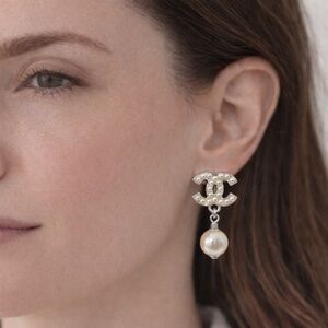 CHANEL Pearl Drop CC Silver and Pearl Earrings